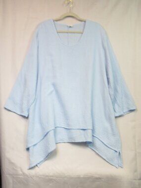 Et' Lois Blue Cotton Gauze Top Boho Coastal Layered Asymmetrical Hem 1X USA